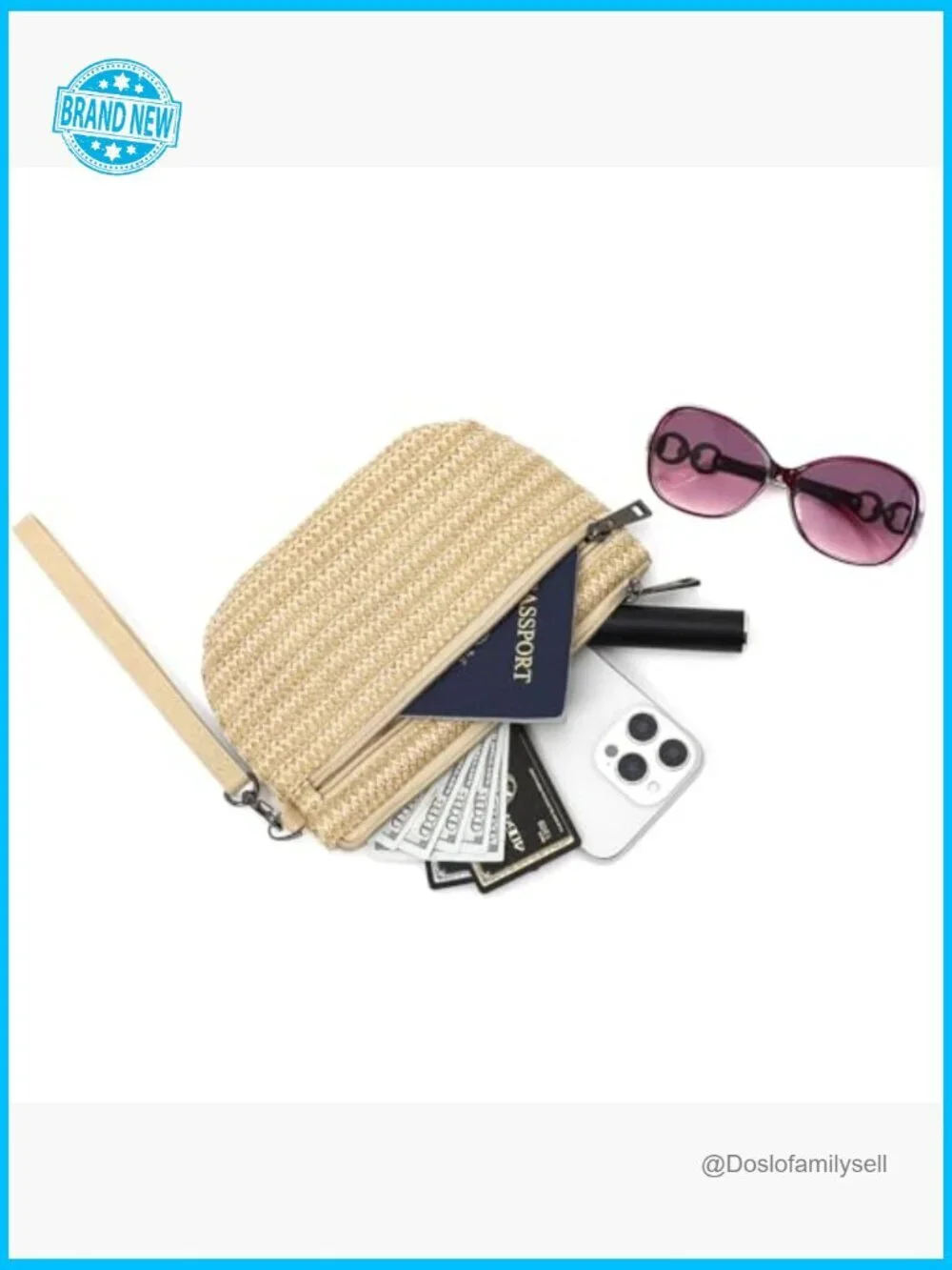 Woven Straw Wristlet Clutch 3-Zip Original Design Wristlet Wallet Handbag